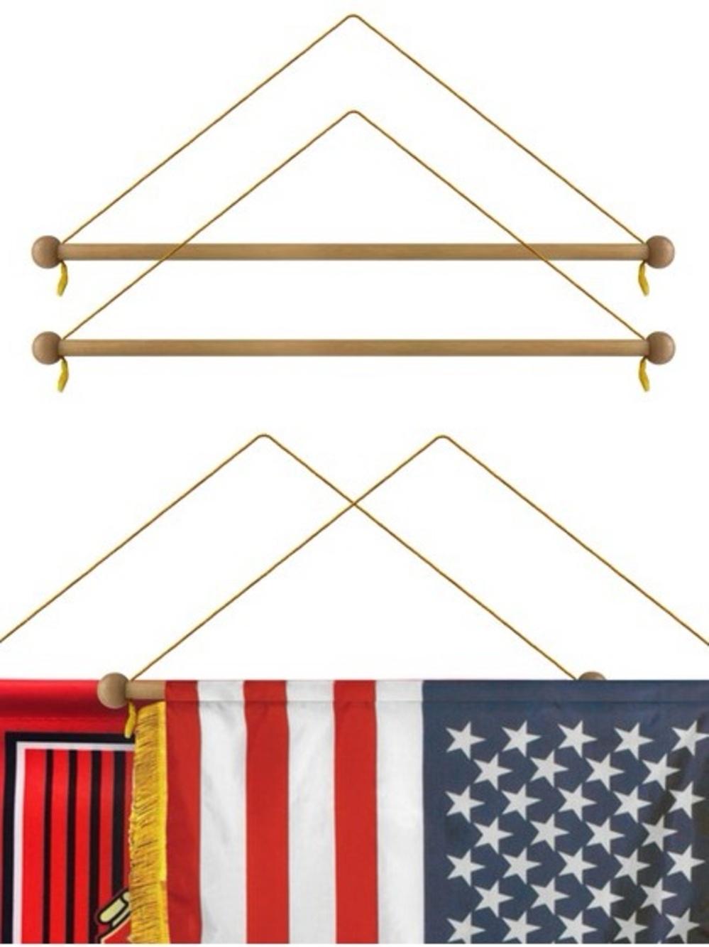 ILOT Wooden Flag Hanger Display - Gold Cord, Natural Wood